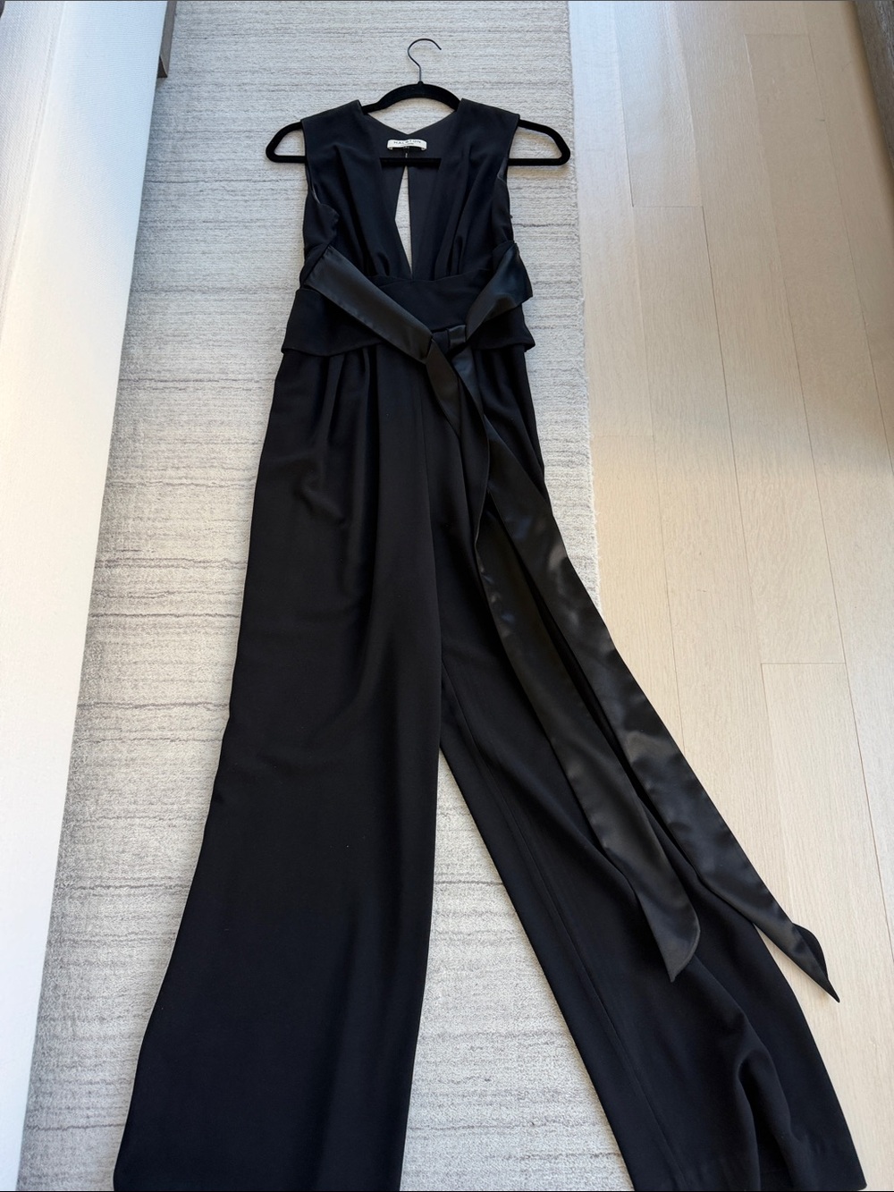 Halston Heritage Black Sleeveless V-Neck Satin Waist-Tie Jumpsuit